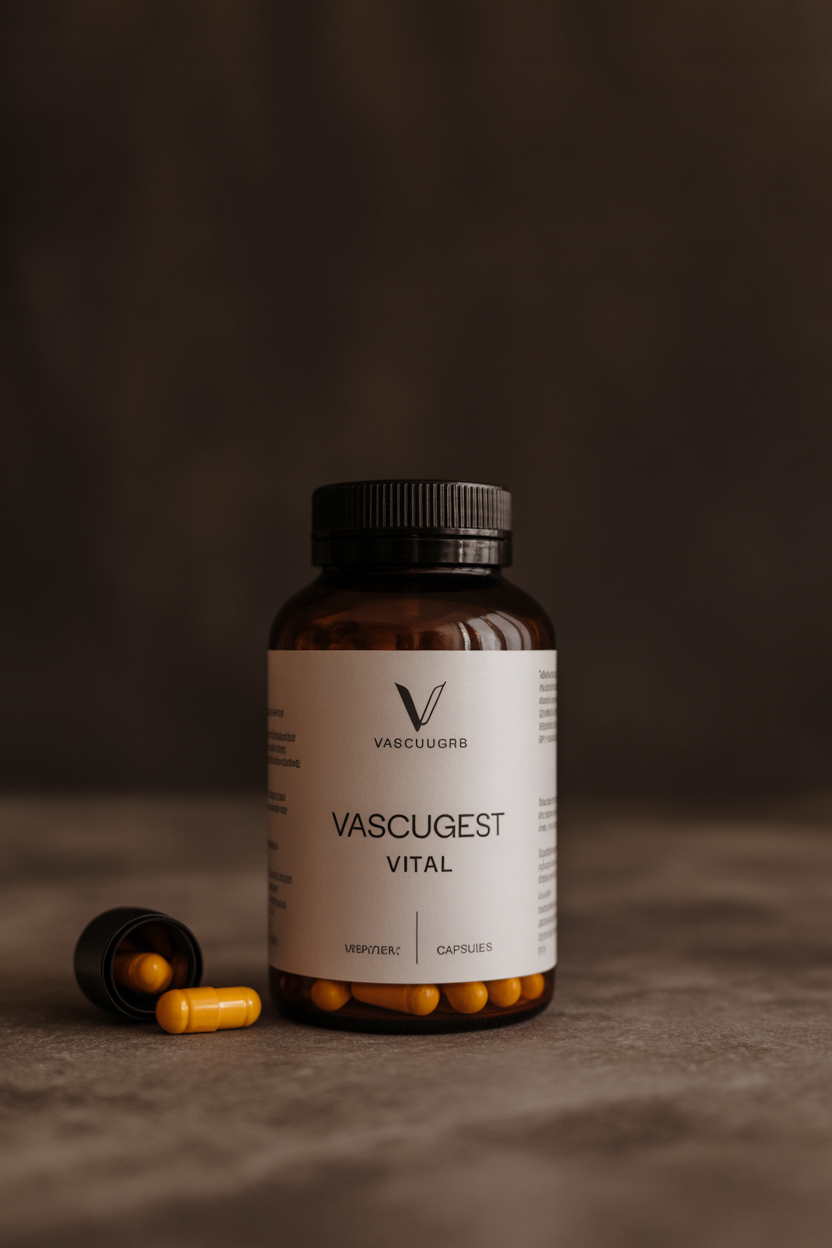 Vascugest Vital amber bottle with branded label on a dark background